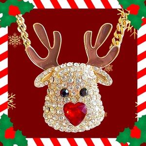 Betsey Johnson NWT Sparkling Pave Crystals RedNosed Reindeer NecklaceGold Chain